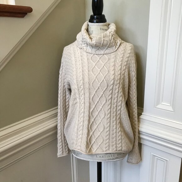 Burgess Cable Knit Fisherman Sweater Womens Small Cream Turtleneck Long Sleeve - Picture 2 of 12